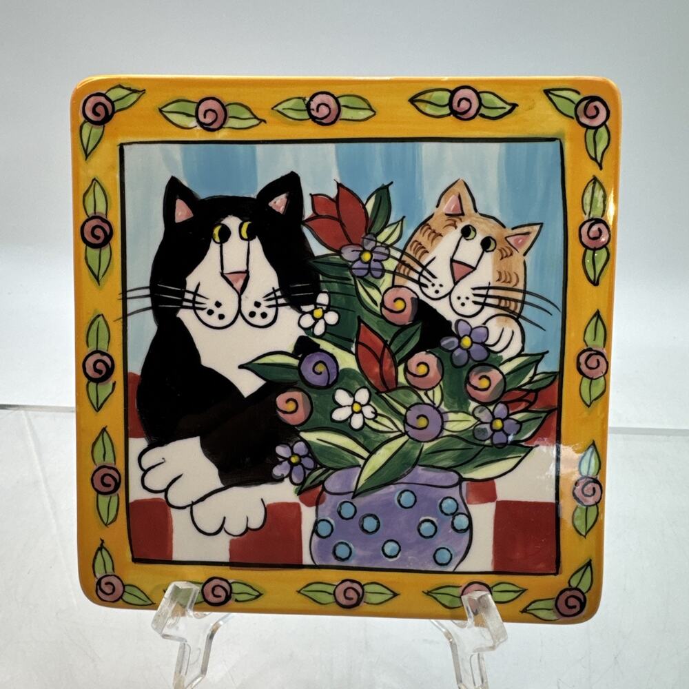 Catzilla Candace Reiter Handpainted Art Deco Ceramic Tile Trivet Kitty Cats